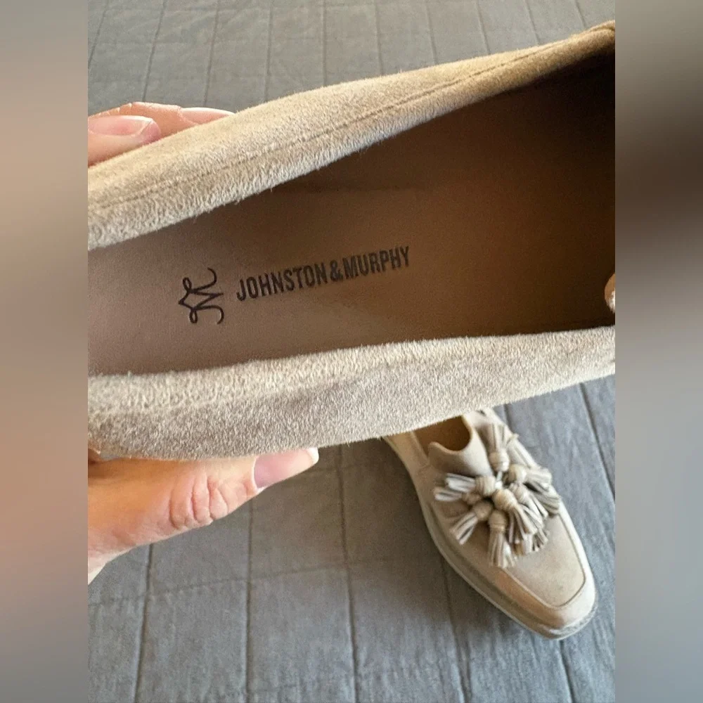 Johnston & Murphy Gracelyn Suede Taupe Platform Tassel Loafers
